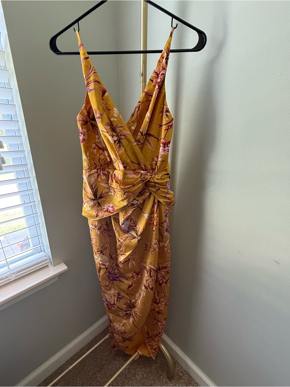 Express Mustard Floral Midi Dress with Twist Front